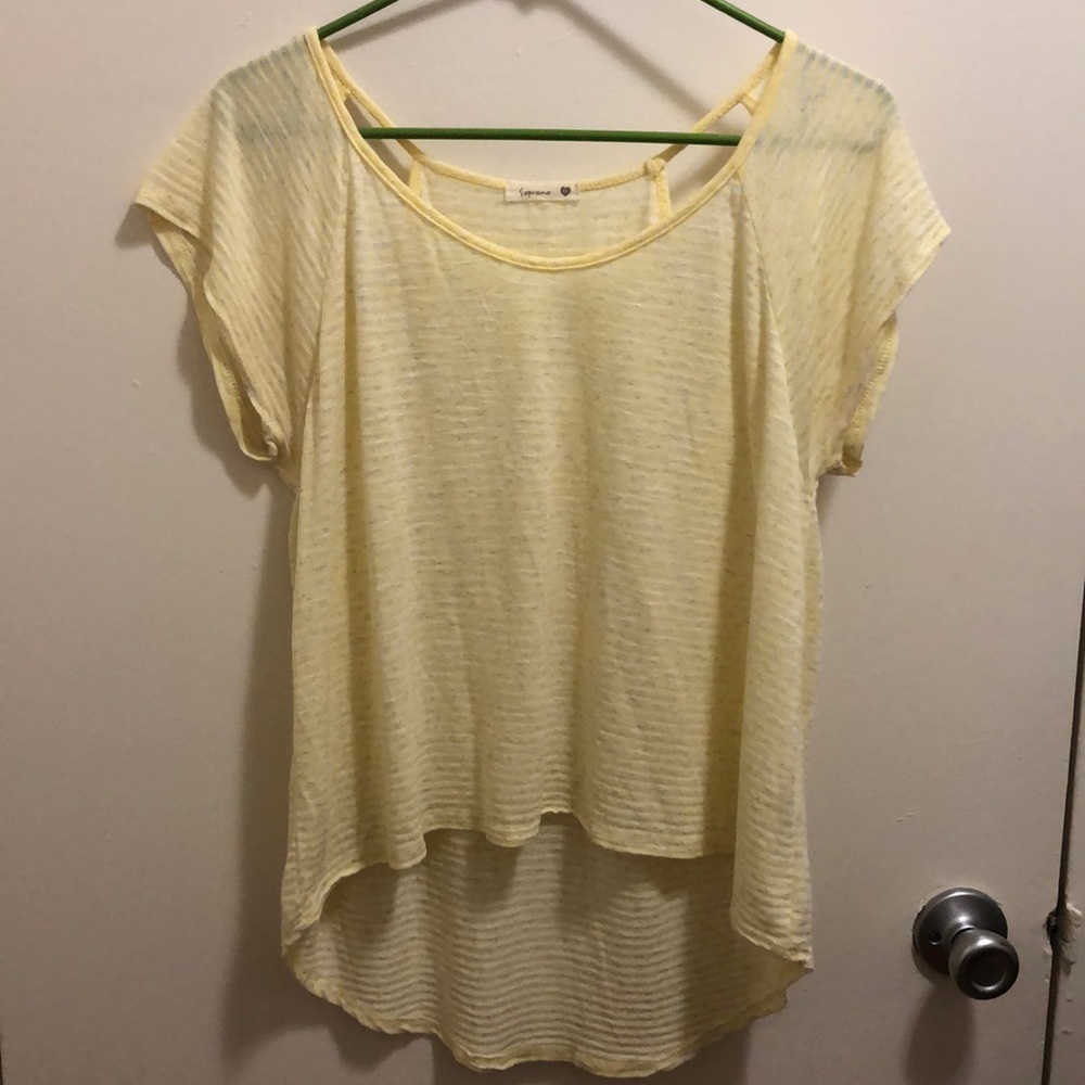 Yellow striped high low tee with cutouts